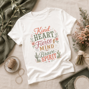 Kind Heart Fierce Mind Brave Spirit Tee – Boho Floral & Cactus Graphic