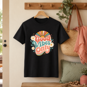 Good Vibes Only Tee Retro Sunburst and Daisy Graphic