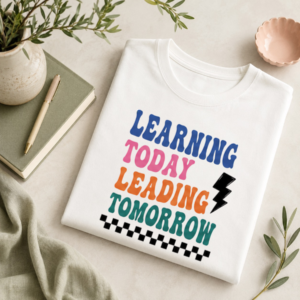 Learning Today Leading Tomorrow Tee Retro Rainbow Graphic