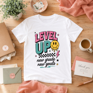 Level Up Tee New Grade New Goals Drippy Smiley Graphic
