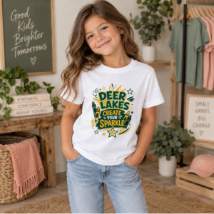 White Deer Lakes youth T-shirt with green and gold Create Your Sparkle design