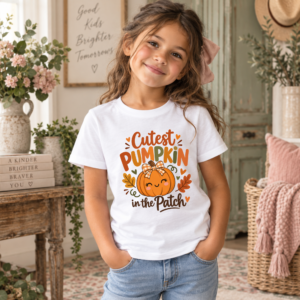 White Cutest Pumpkin in the Patch youth T-shirt with smiling orange pumpkin, gingham bow and autumn leaves