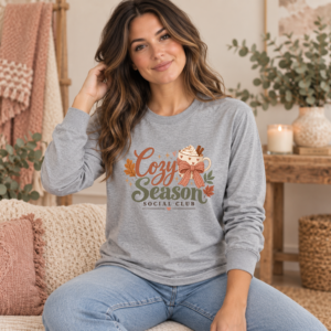Sport grey Cozy Season Social Club long sleeve T-shirt with fall mug graphic, bow, leaves and autumn lettering