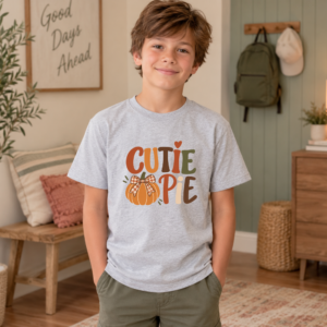 Ash grey Cutie Pie youth T-shirt with orange pumpkin, gingham bow and autumn lettering