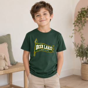 Dark green Deer Lakes Lancers youth T-shirt with gold and white pennant design
