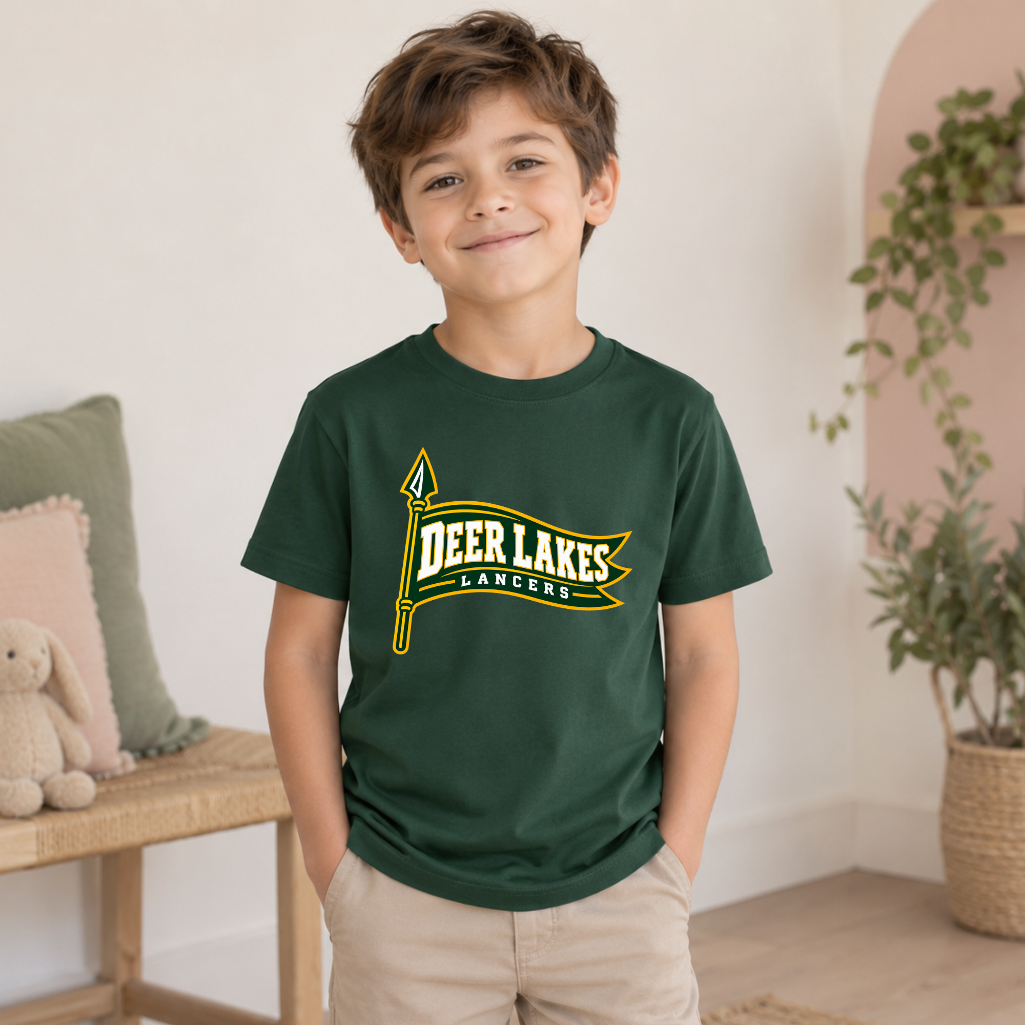 Dark green Deer Lakes Lancers youth T-shirt with gold and white pennant design