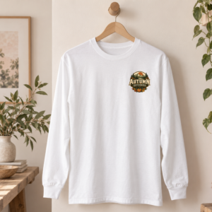 White Autumn Outdoors long-sleeve T-shirt with small left-chest mountain, evergreen tree and pumpkin graphic