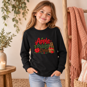 Black youth long sleeve T-shirt with Apple Picking Crew lettering, red apples and wooden apple basket
