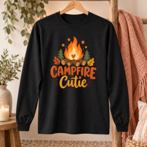Black long sleeve fall shirt with Campfire Cutie graphic, bonfire, trees and autumn leaves