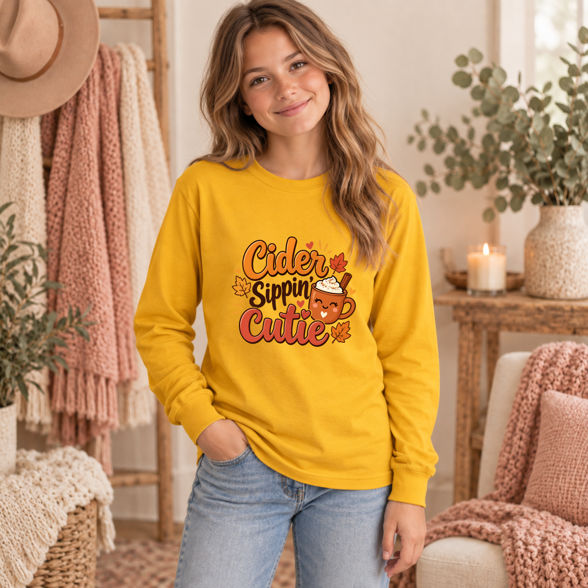 Gold youth long sleeve T-shirt with Cider Sippin Cutie graphic featuring a smiling cider mug and fall leaves