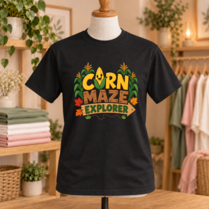 Black Corn Maze Explorer fall T-shirt featuring a smiling corn cob, corn stalks, autumn leaves and wooden maze sign