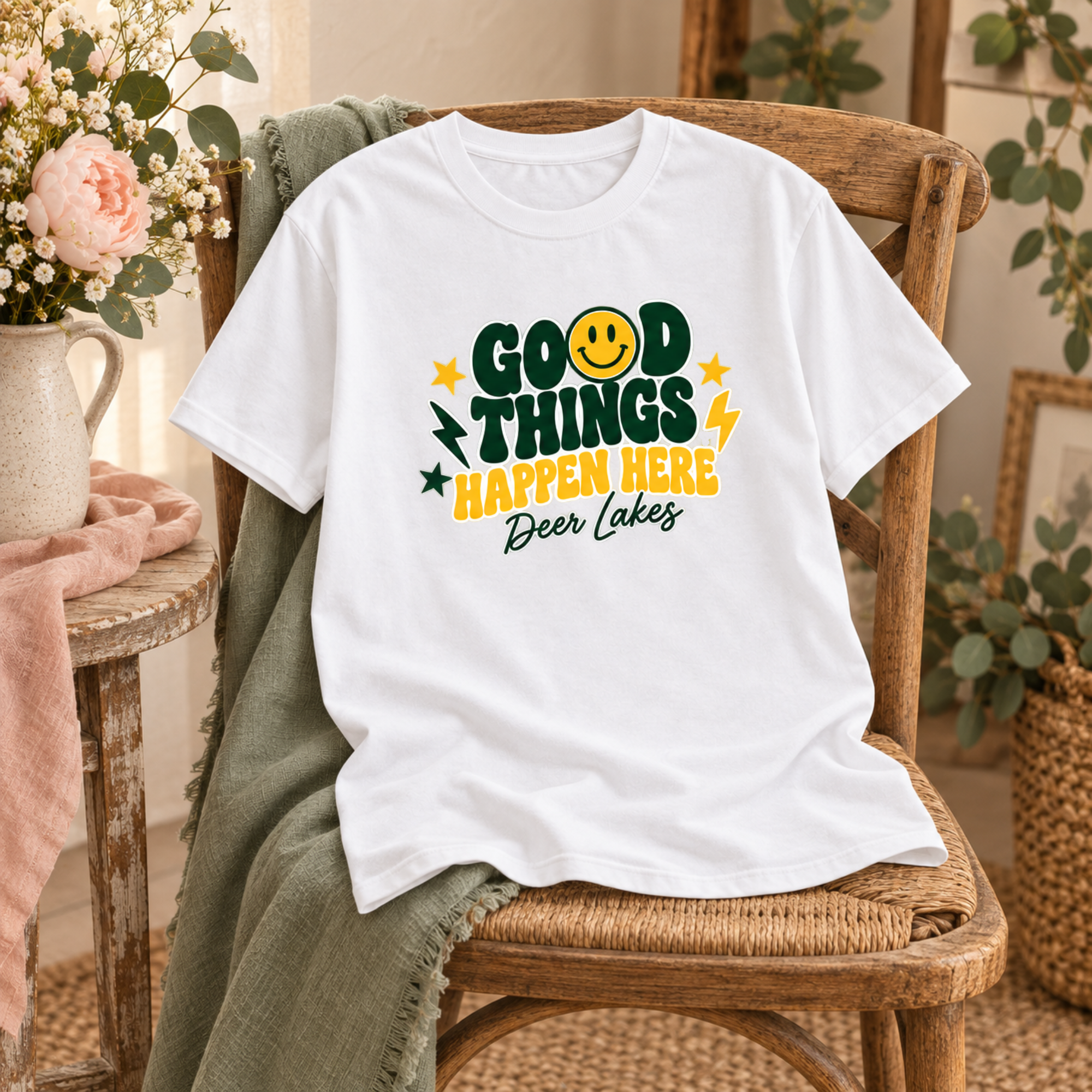 White Deer Lakes youth T-shirt with green and gold Good Things Happen Here design
