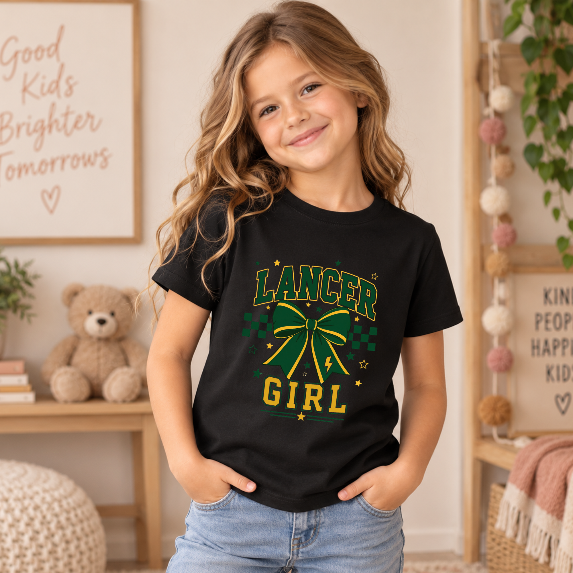 Black Deer Lakes Lancer Girl youth T-shirt with green and gold bow graphic