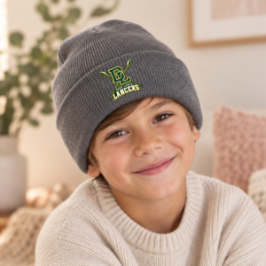 Gray Deer Lakes Lancers knit beanie with green and gold DL lances design