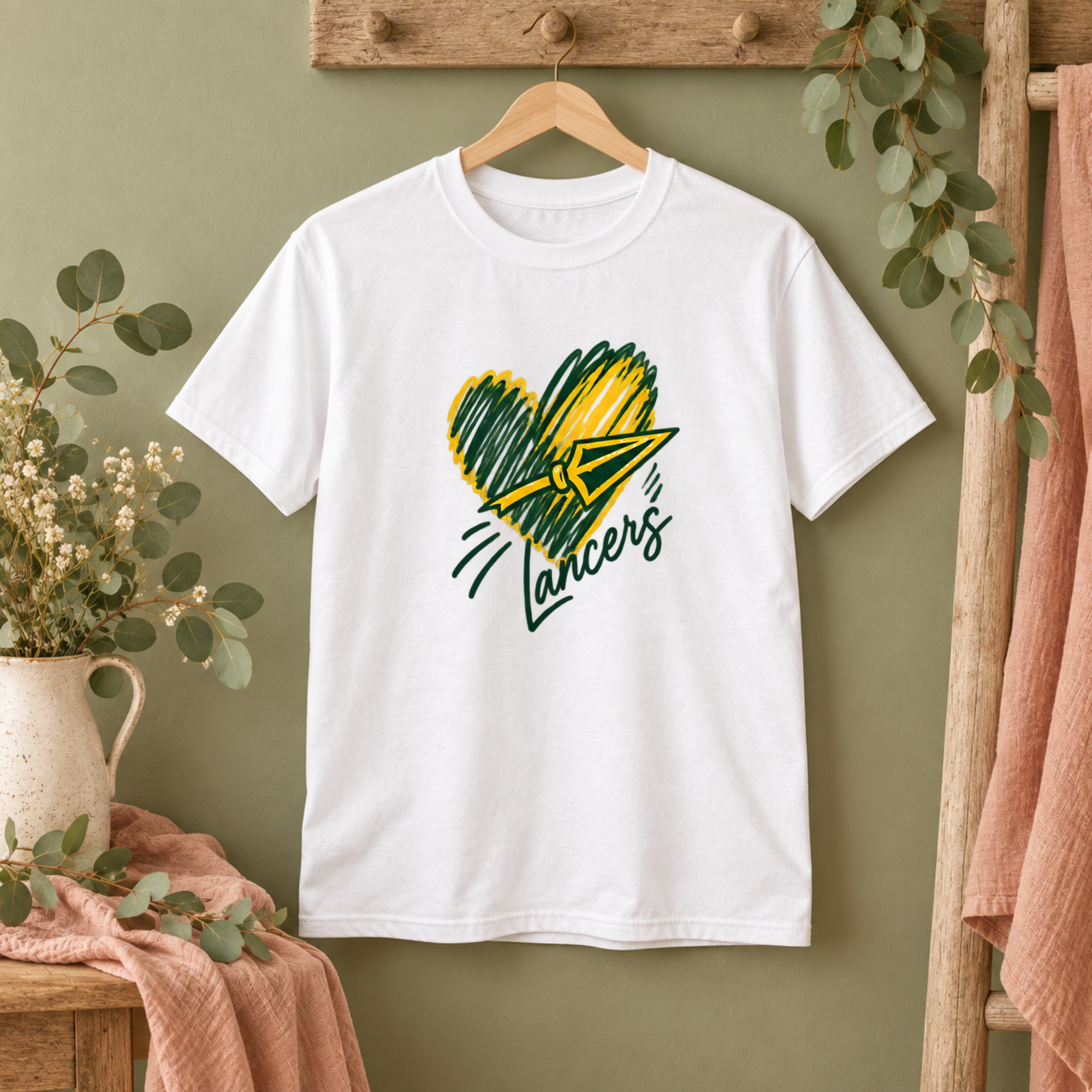 White Deer Lakes Lancers youth T-shirt with green and gold heart and lance design