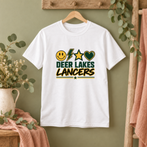 White Deer Lakes Lancers youth T-shirt with smiley face, lightning bolt, star and heart graphic