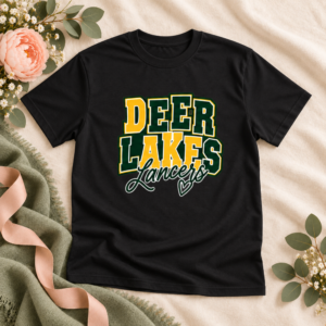 Black Deer Lakes Lancers youth T-shirt with green, gold and white stacked script design