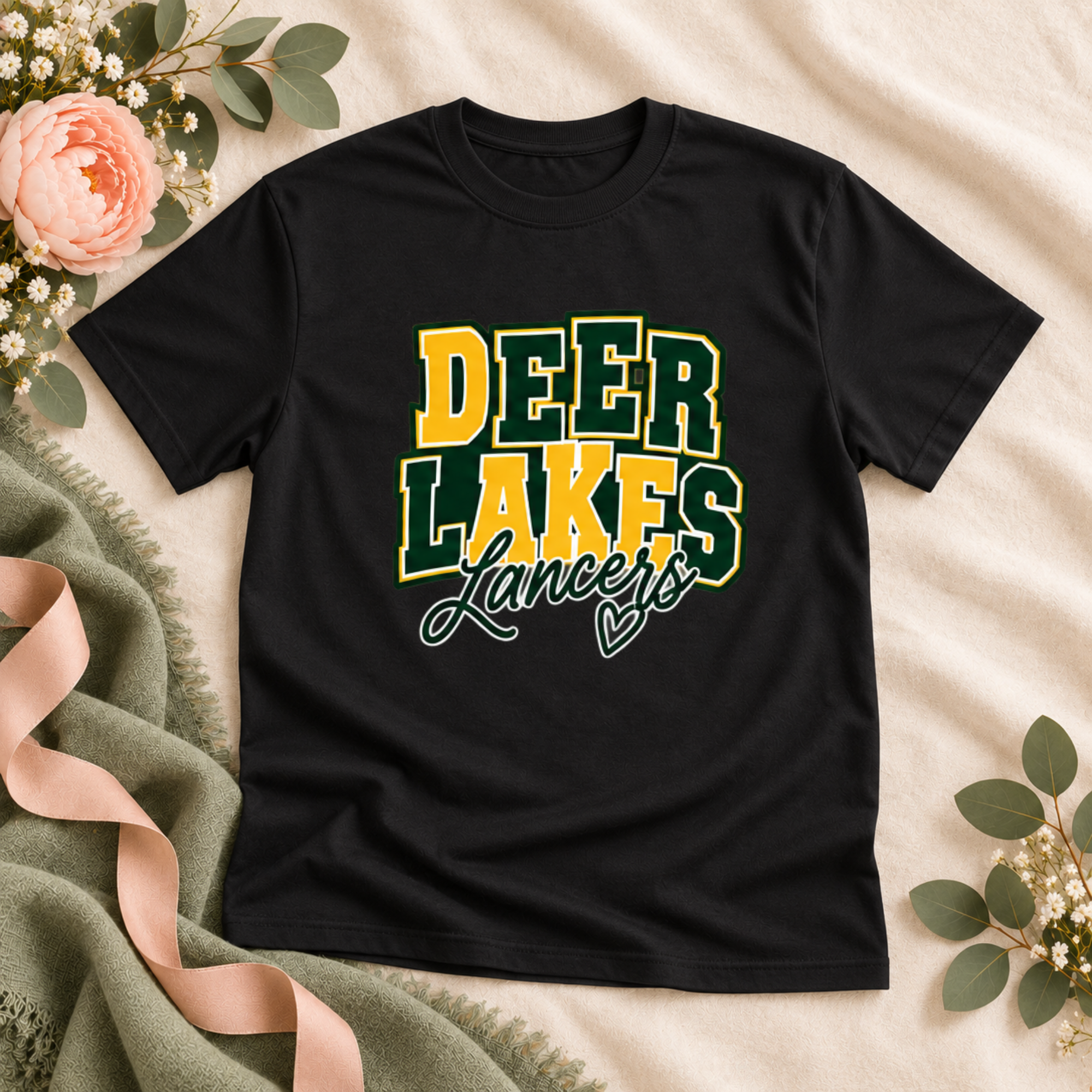 Black Deer Lakes Lancers youth T-shirt with green, gold and white stacked script design