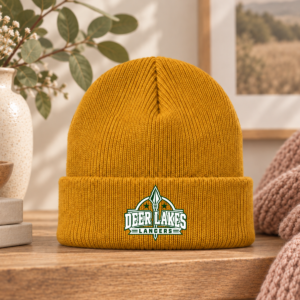 Gold Deer Lakes Lancers knit beanie with green and white crest design