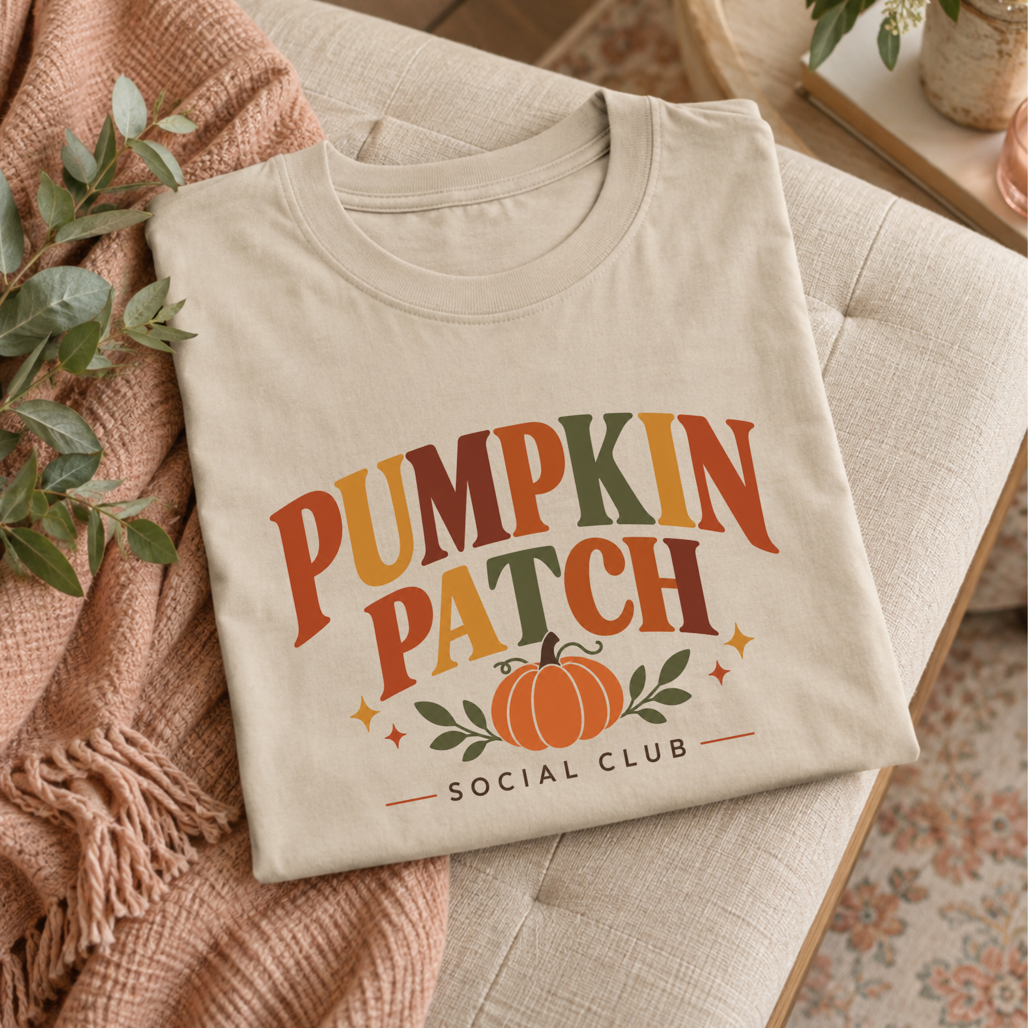 Fall 2026 Shirt Designs-3 Sand-colored Pumpkin Patch Social Club fall T-shirt with orange pumpkin and autumn lettering