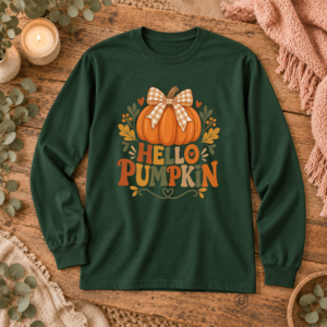 Forest green Hello Pumpkin long-sleeve T-shirt with orange pumpkin, gingham bow and autumn lettering