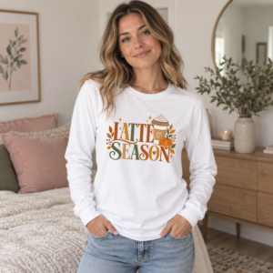 White Latte Season long-sleeve T-shirt with autumn lettering, pumpkin spice latte and orange pumpkin graphic