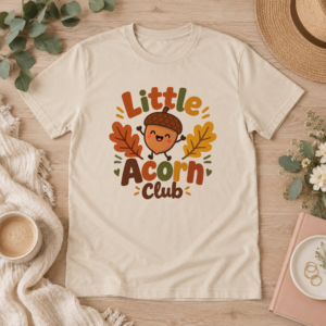 Sand youth T-shirt with Little Acorn Club graphic featuring a smiling acorn and fall leaves