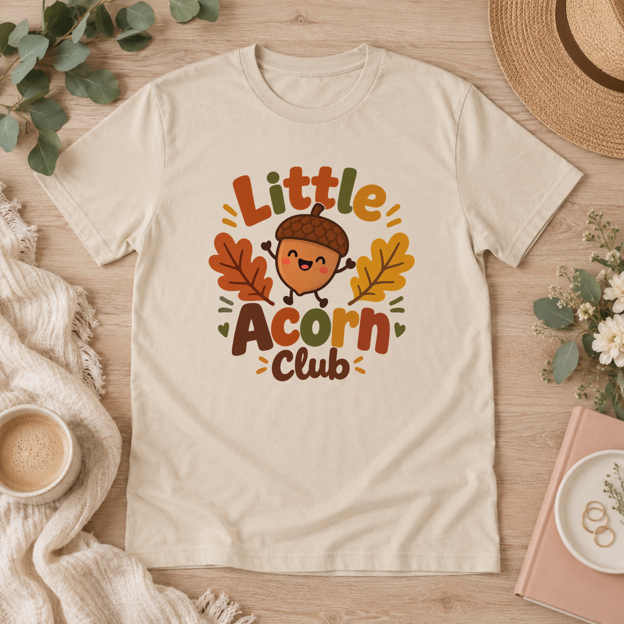 Little Acorn Club Youth Tee Sand youth T-shirt with Little Acorn Club graphic featuring a smiling acorn and fall leaves