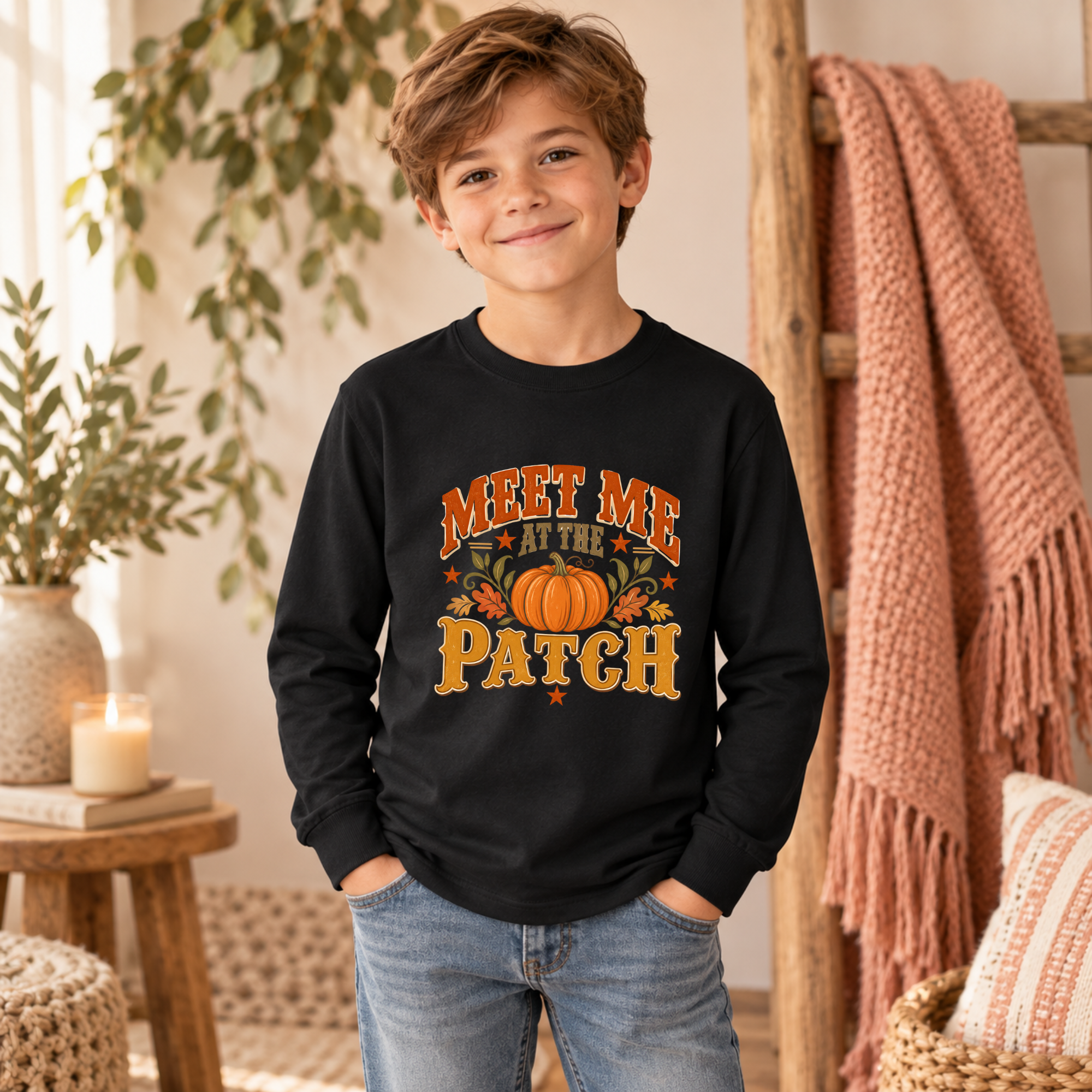 Black youth long-sleeve T-shirt with Meet Me at the Patch lettering, orange pumpkin and autumn leaves