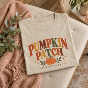 Sand-colored Pumpkin Patch Social Club fall T-shirt with orange pumpkin and autumn lettering