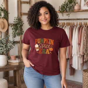 Maroon Pumpkin Spice Era fall T-shirt with autumn lettering, pumpkin spice latte and orange pumpkin