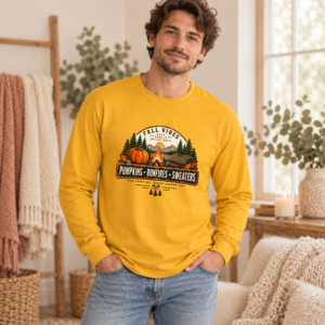 Gold long sleeve fall shirt with pumpkins bonfires sweaters graphic and outdoor autumn design