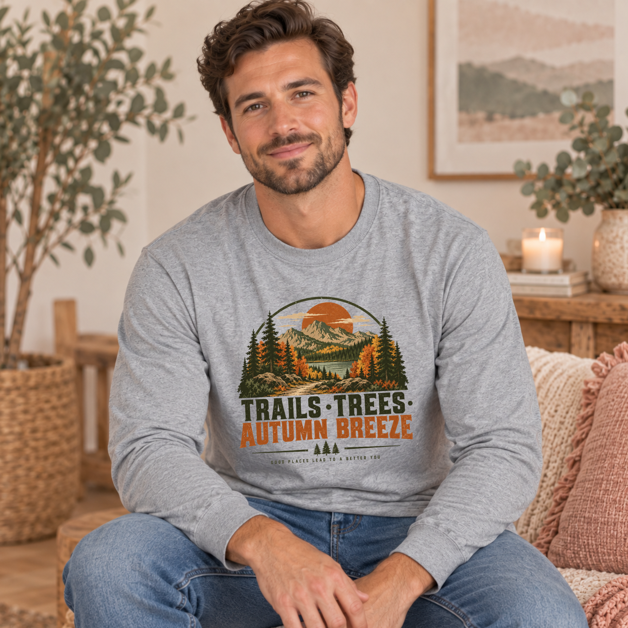 Sport grey Trails Trees Autumn Breeze long-sleeve T-shirt with mountain sunset, forest and colorful fall trees