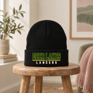 Black Deer Lakes Lancers knit beanie with green, gold and white school spirit design