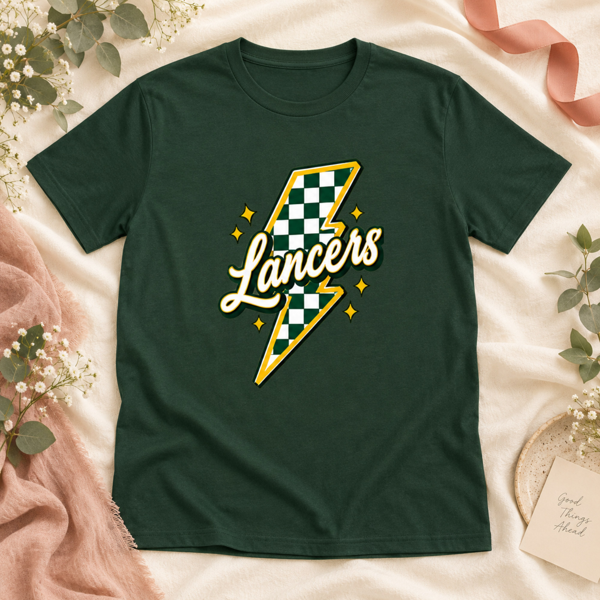 deer-lakes-lancers-checkerbolt-adult-tee-forest-green Sand-colored Pumpkin Patch Social Club fall T-shirt with orange pumpkin and autumn lettering