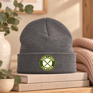 Gray Deer Lakes Lancers knit beanie with green, gold and white crossed lances badge