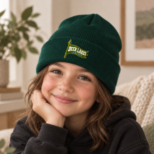 Green Deer Lakes Lancers knit beanie with gold and white pennant design