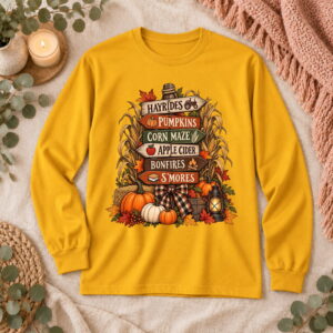 Hayrides, Pumpkins & S’mores Adult Long Sleeve Tee