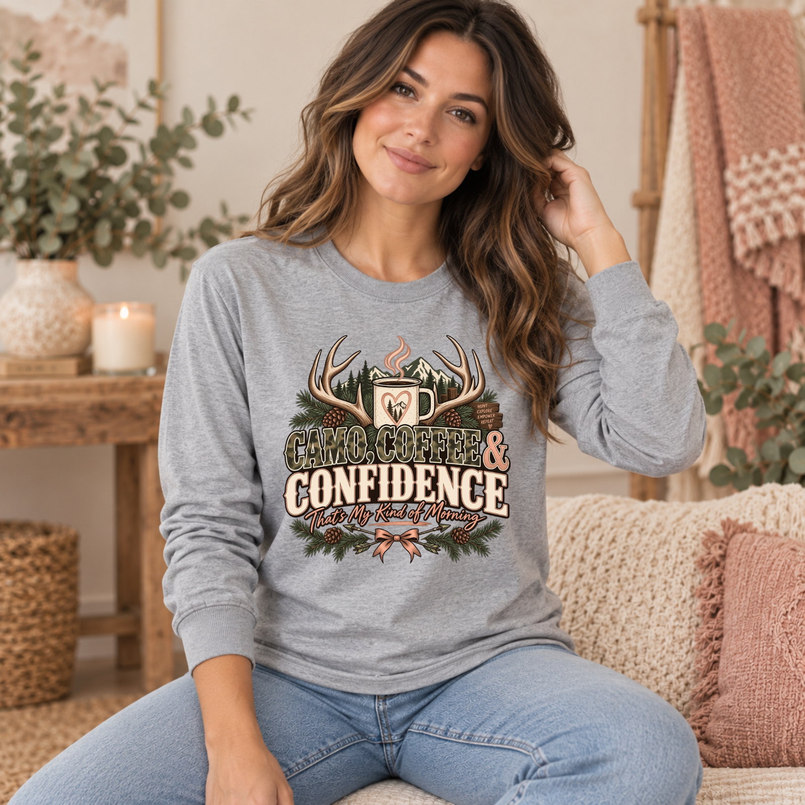 Camo, Coffee & Confidence Adult Long Sleeve Tee